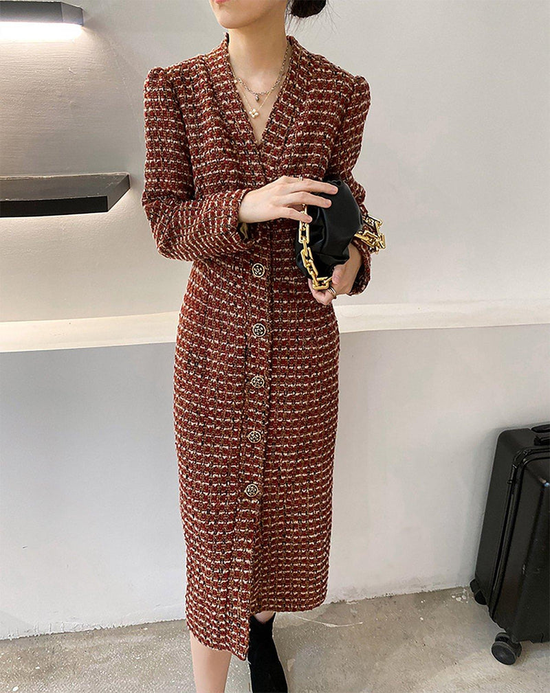 Women's V-Neck Tweed Wool Coat,Single Breasted Wool Trench Dress,Fall Winter Trench Coat,Wool Blend Over Coat,Long Dress,Tweed winter coat Vivian Seven