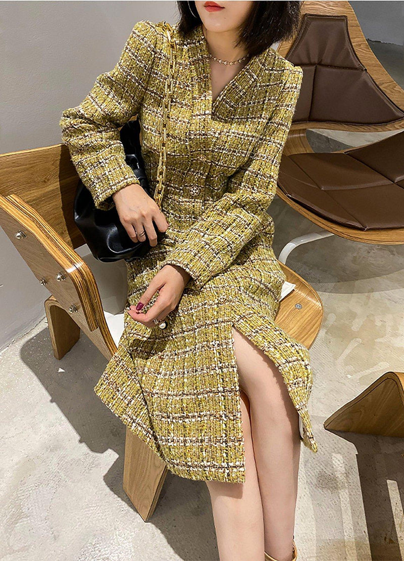 Women's V-Neck Tweed Wool Coat,Single Breasted Wool Trench Dress,Fall Winter Trench Coat,Wool Blend Over Coat,Long Dress,Tweed winter coat Vivian Seven