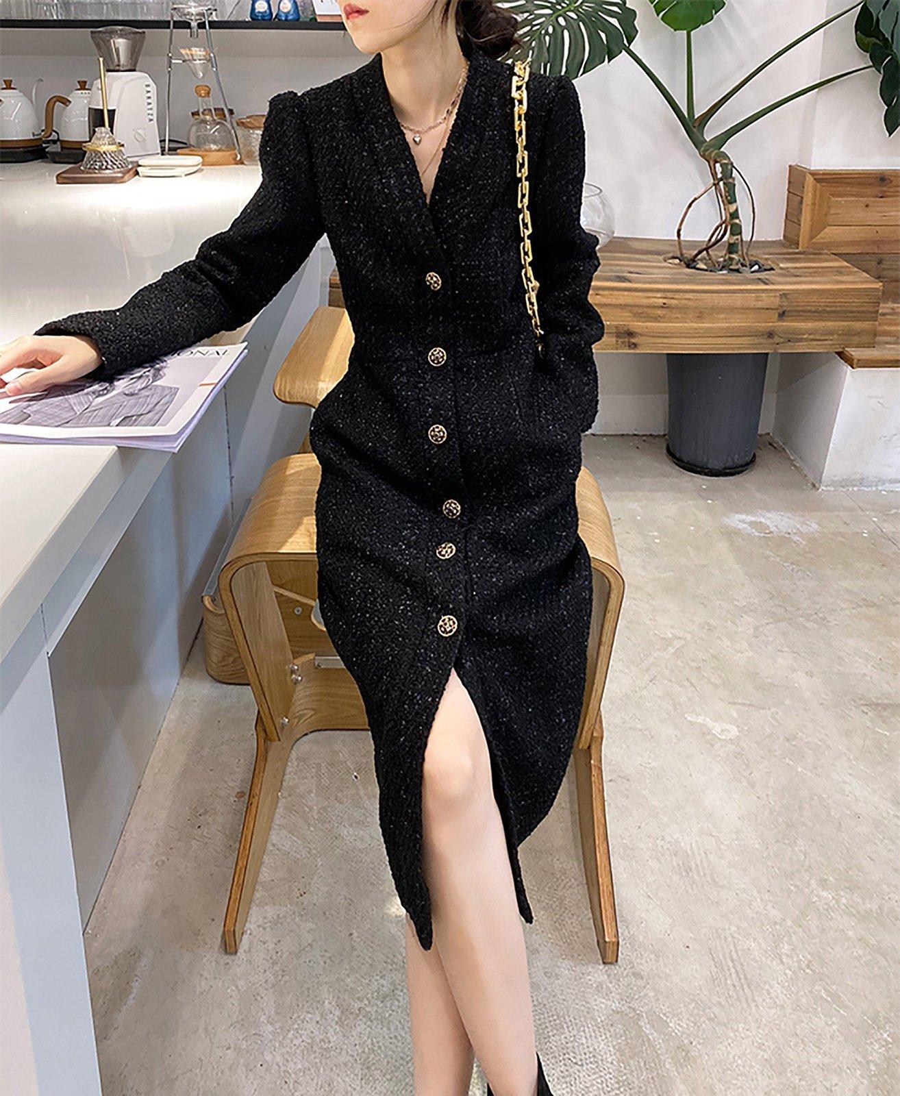 Women's V-Neck Tweed Wool Coat,Single Breasted Wool Trench Dress,Fall  Winter Trench Coat,Wool Blend Over Coat,Long Dress,Tweed winter coat