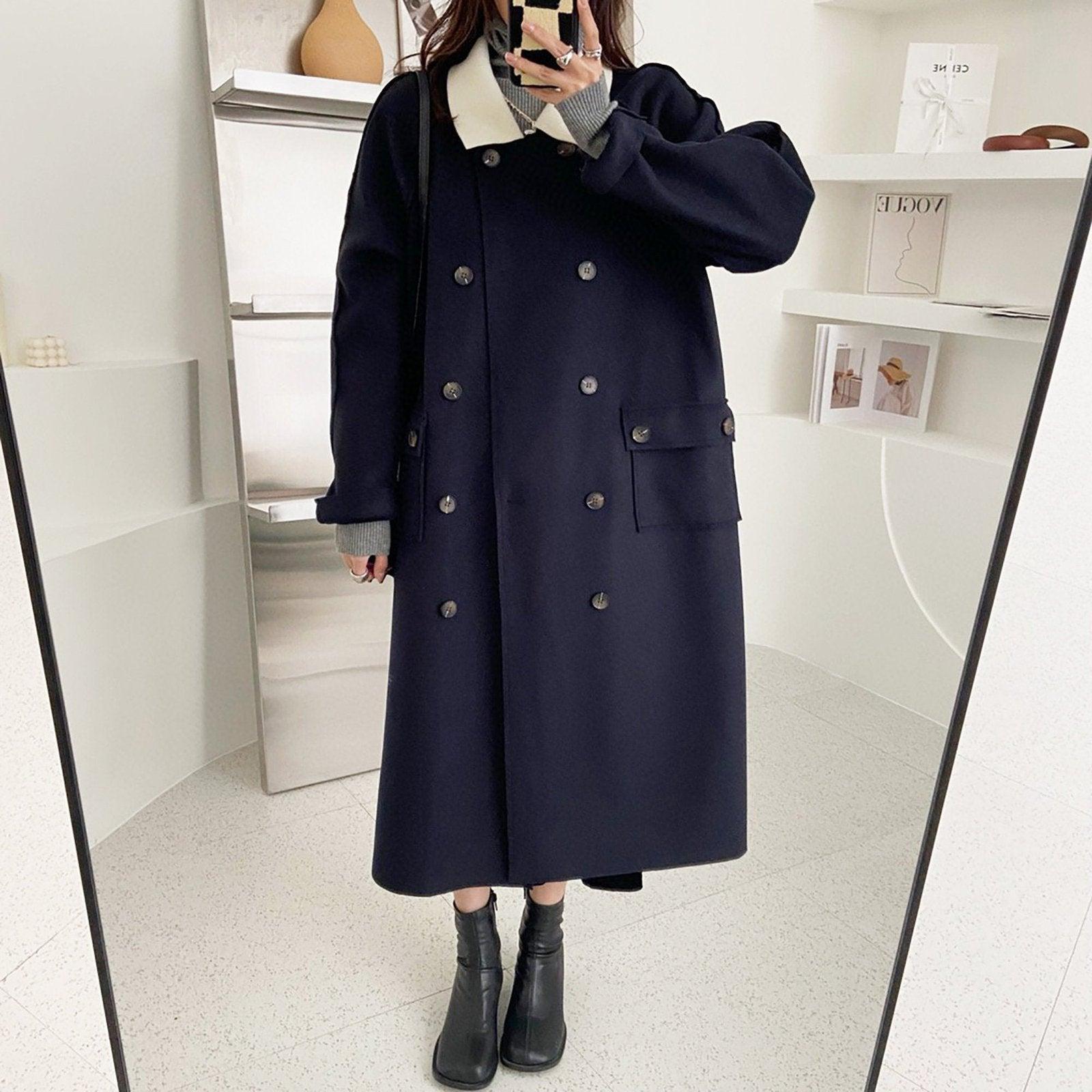Loose Double Breasted Wool Blend Long Coat – Vivian Seven