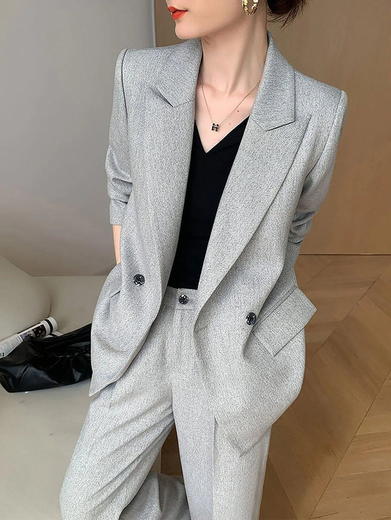 gray blazer with pants suit