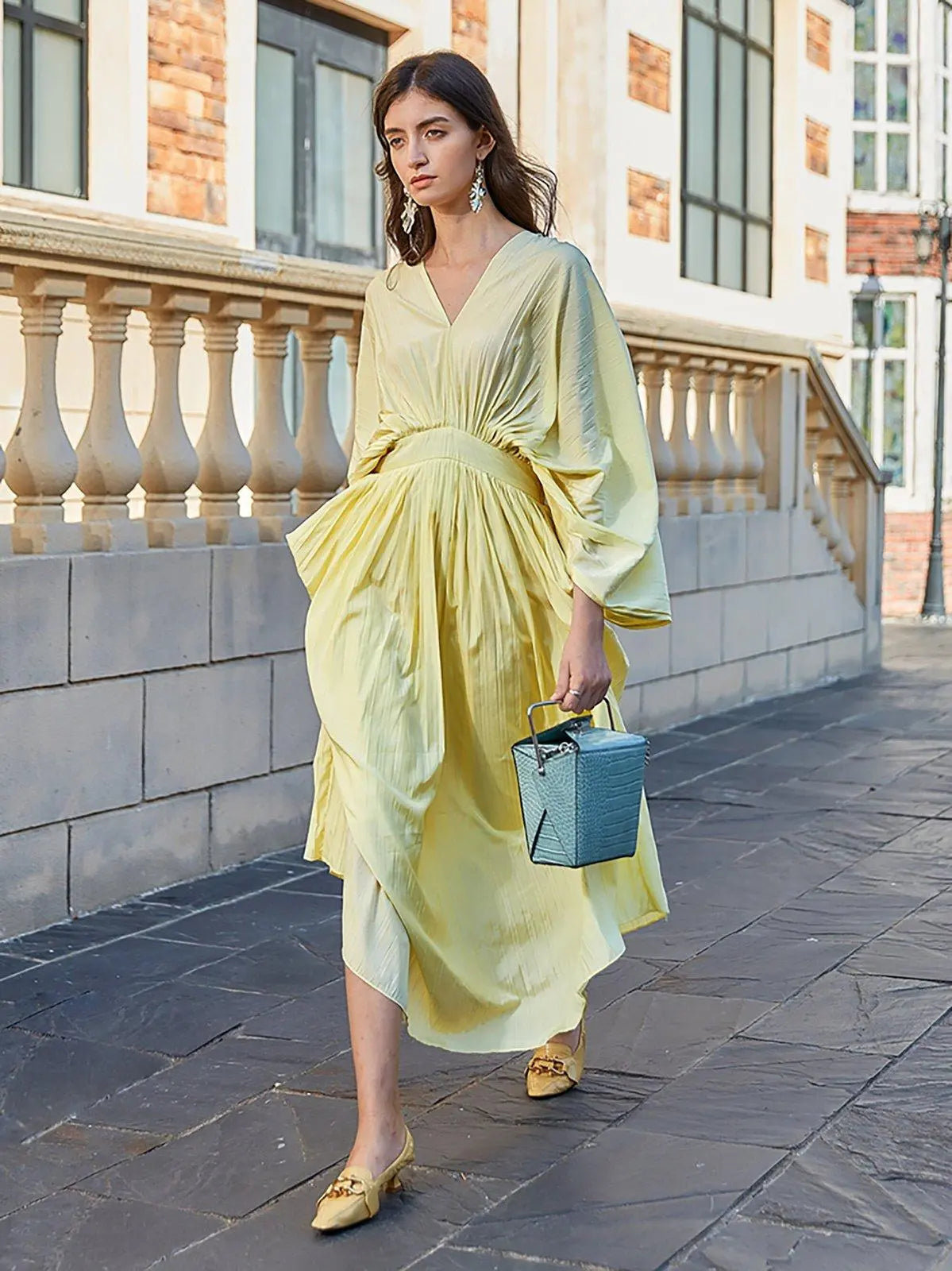 bat sleeve maxi dress Batwing Sleeve V-Neck Bow Tie Back With Pockets Long Dress, DG / XS