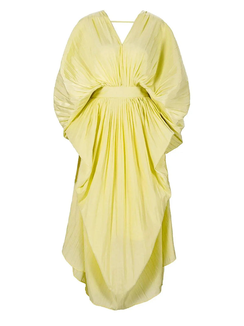 Women's Yellow Dress,Bat Sleeve Maxi dress,Loose Pleats Dress,Summer lady dress,Vocation Dress,long Midi Dress,Wedding-Guest Dress Vivian Seven