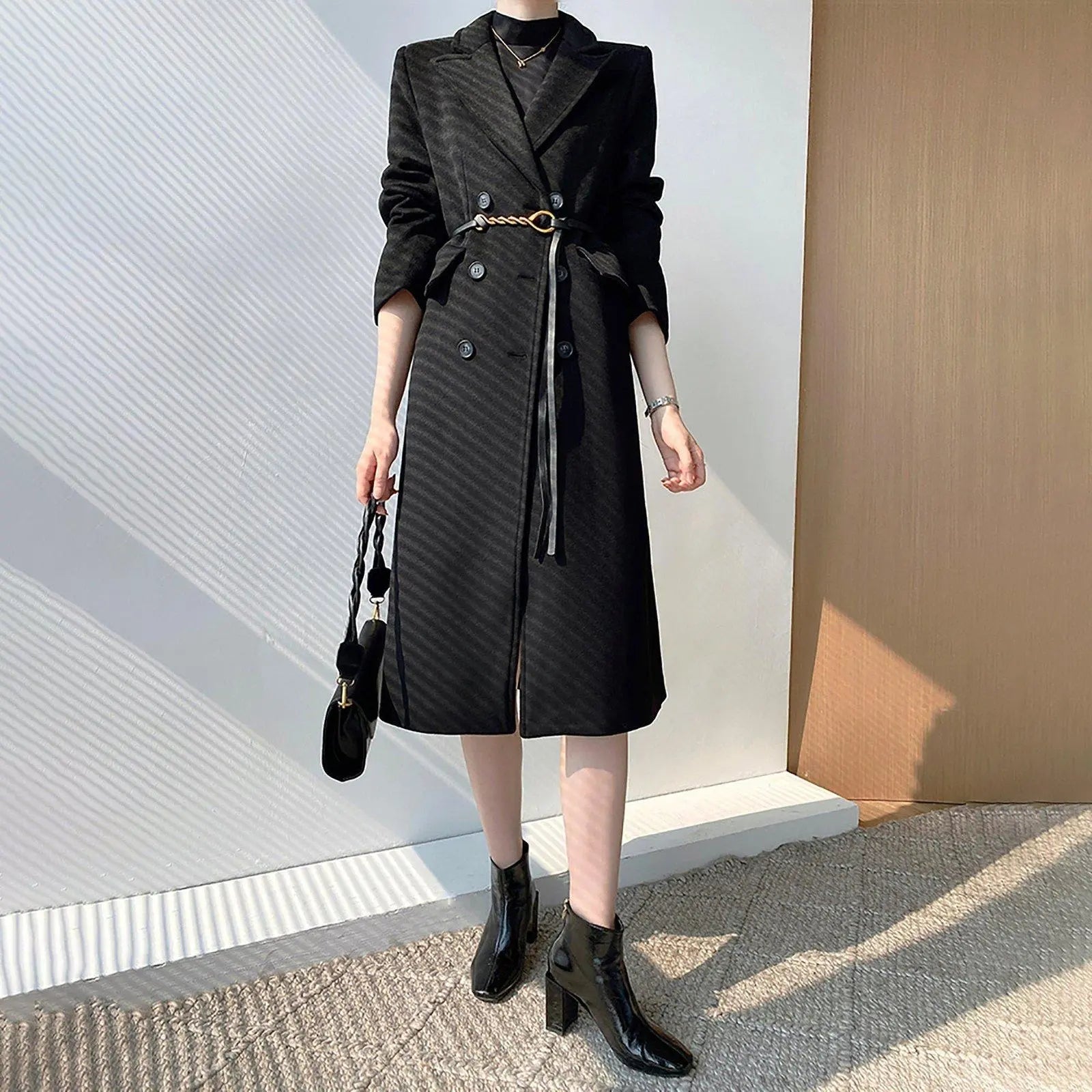 women's black wool dress coats Double Breasted Flap Pocket Long Blend Coat – Vivian Seven high collar Color:Tangerine Floral Black And Pink Wedding Model Kristen