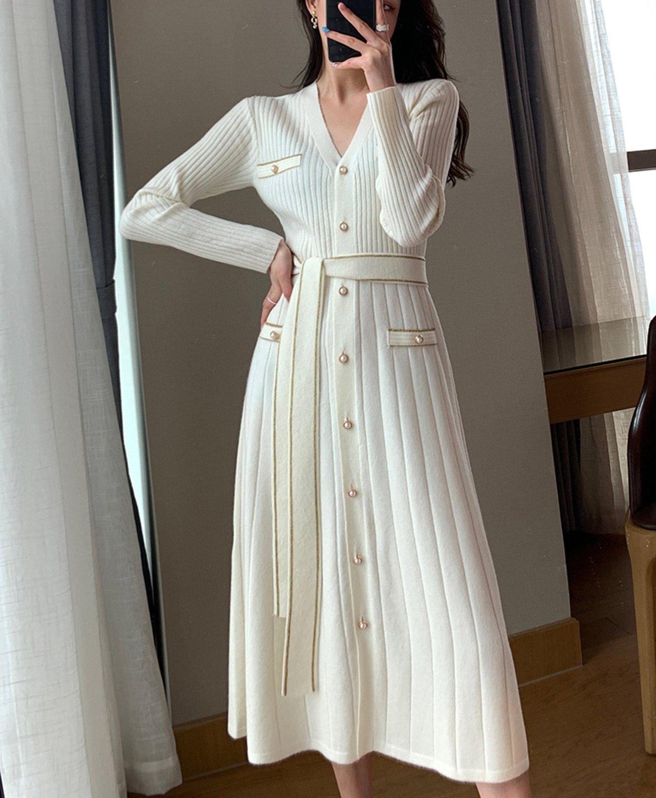 Long Sleeve Belted Midi Knit Sweater Dress | Vivian Seven XS Long Sleeve Belted Midi Knit Sweater Dress | Vivian Seven XS