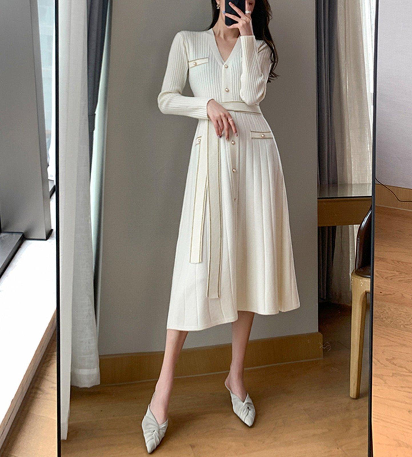 Long Sleeve Belted Midi Knit Sweater Dress