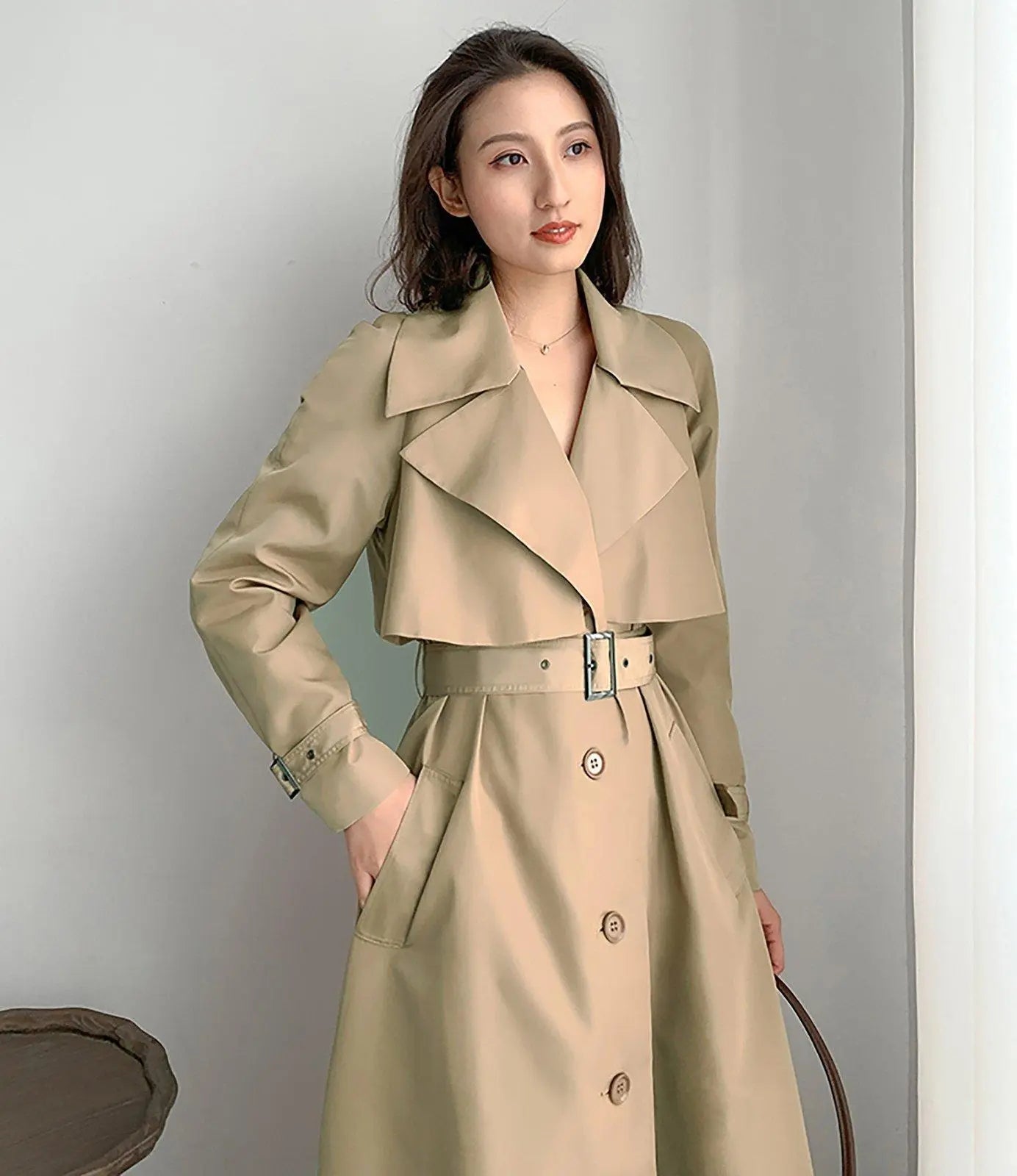 Khaki Single Breasted Belted Gun Flap Long Trench Coat – Vivian Seven