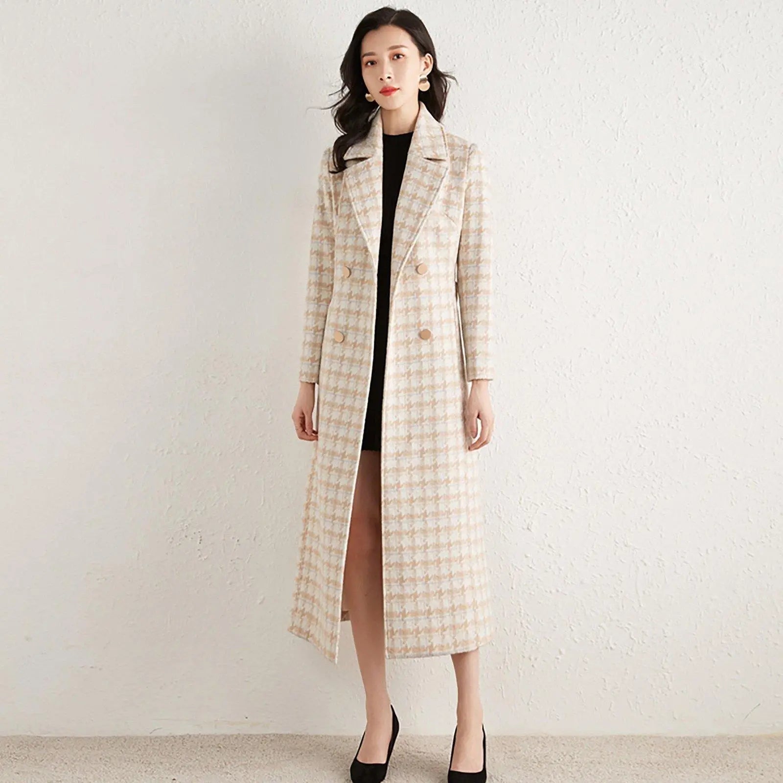 Plaid Double Breasted Wool Blend Long Coat – Vivian Seven