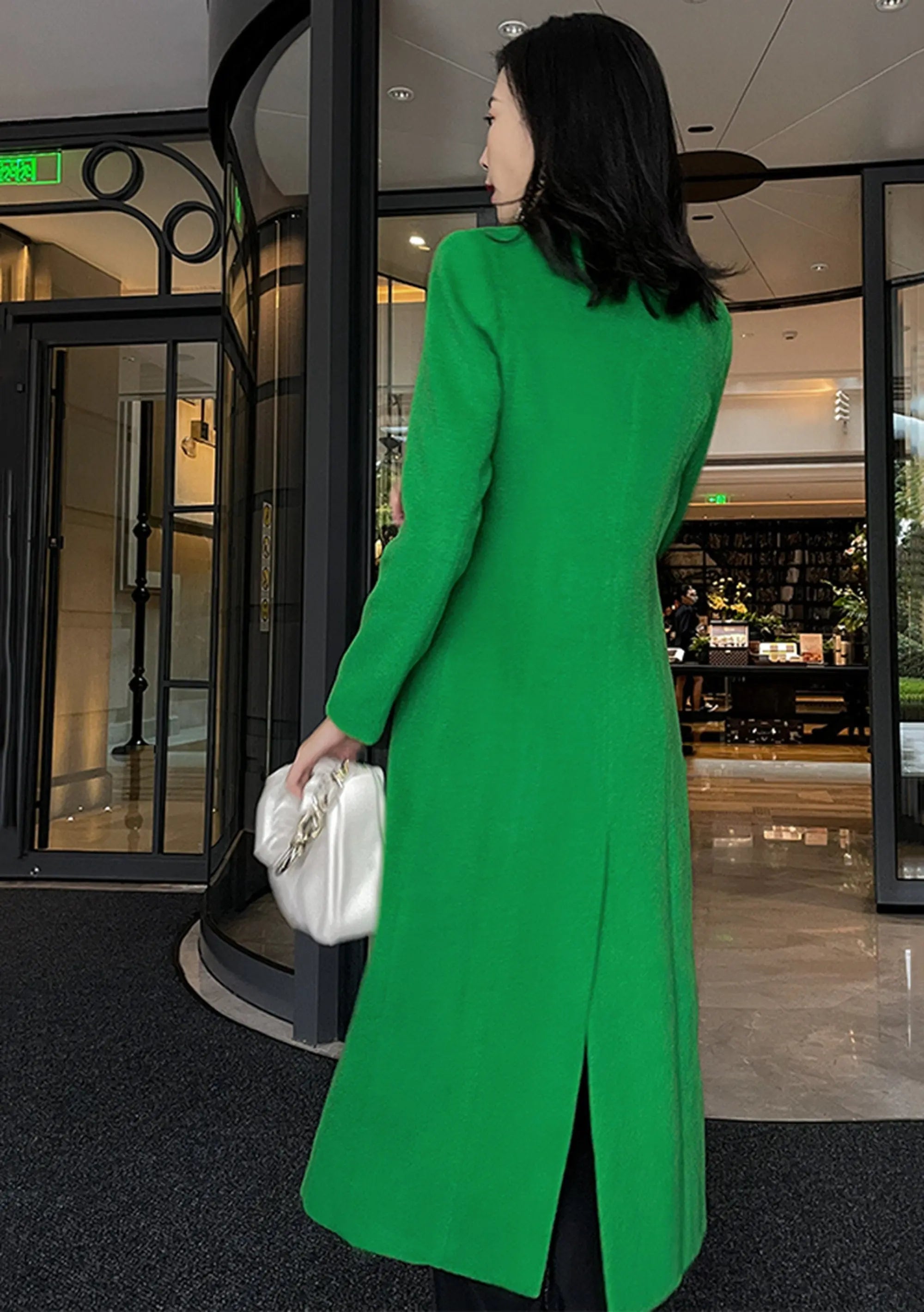 Bright Green Double Breasted Slim Wool Blend Long Coat Bright Green Double Breasted Slim Wool Blend Long Coat