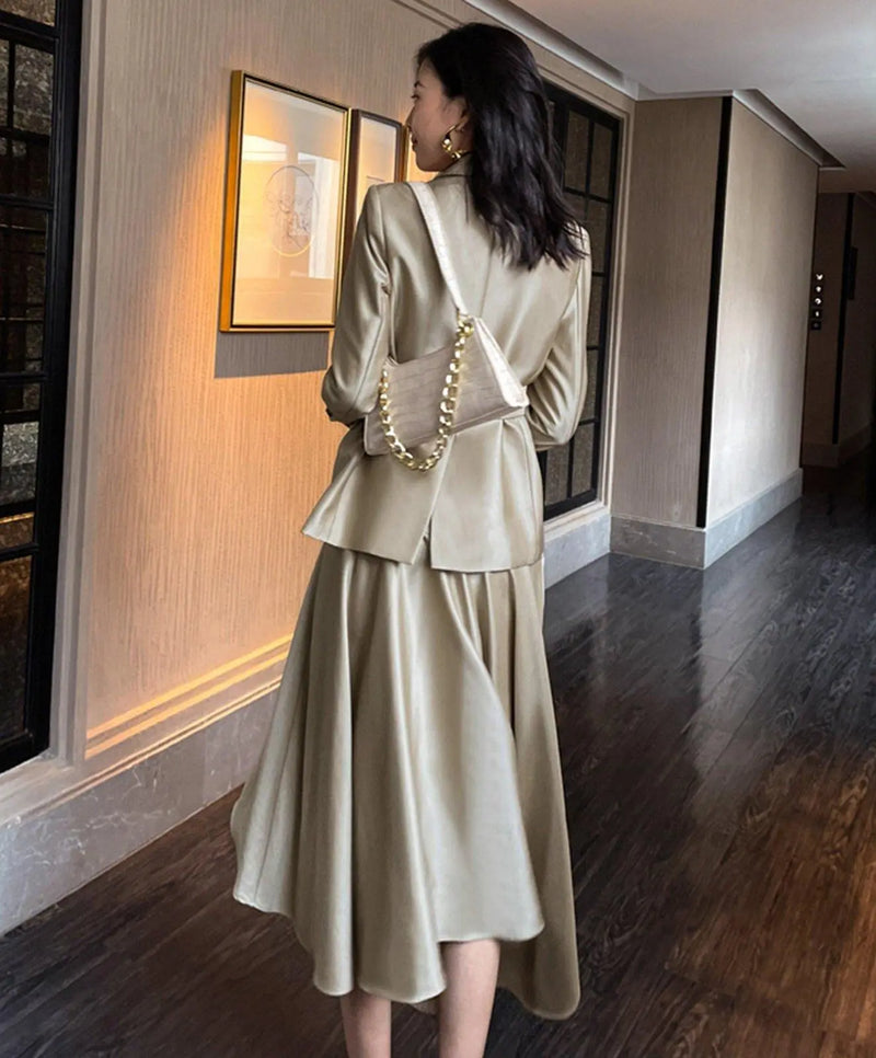 Women's slim-fit asymmetric acetate suit + high-waist skirt Set,Double breasted Blazer Coat and Long Midi Skirt Set,2 piece Set,Wedding Suit Vivian Seven