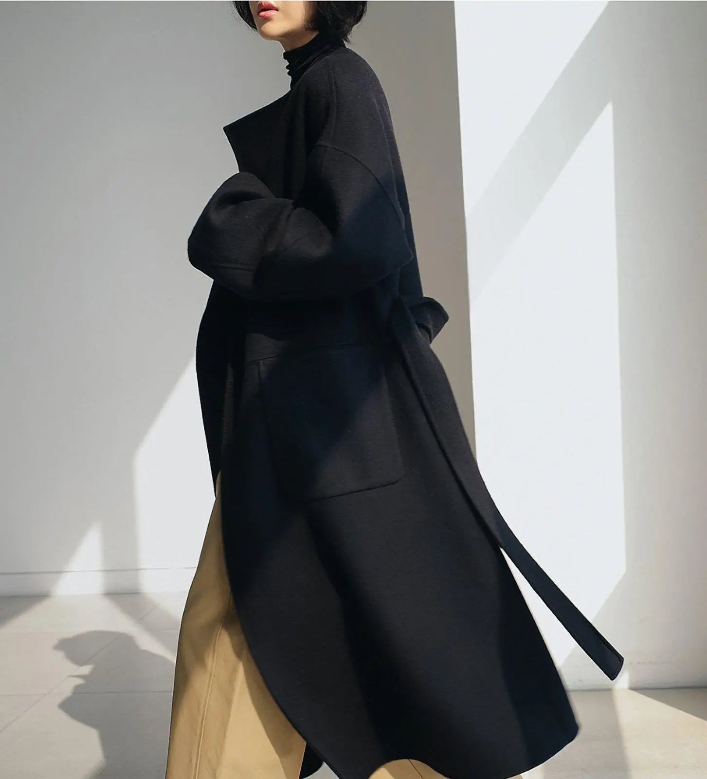 Loose Neckless Belted Long Sleeve Wool Blend Long Coat – Vivian Seven