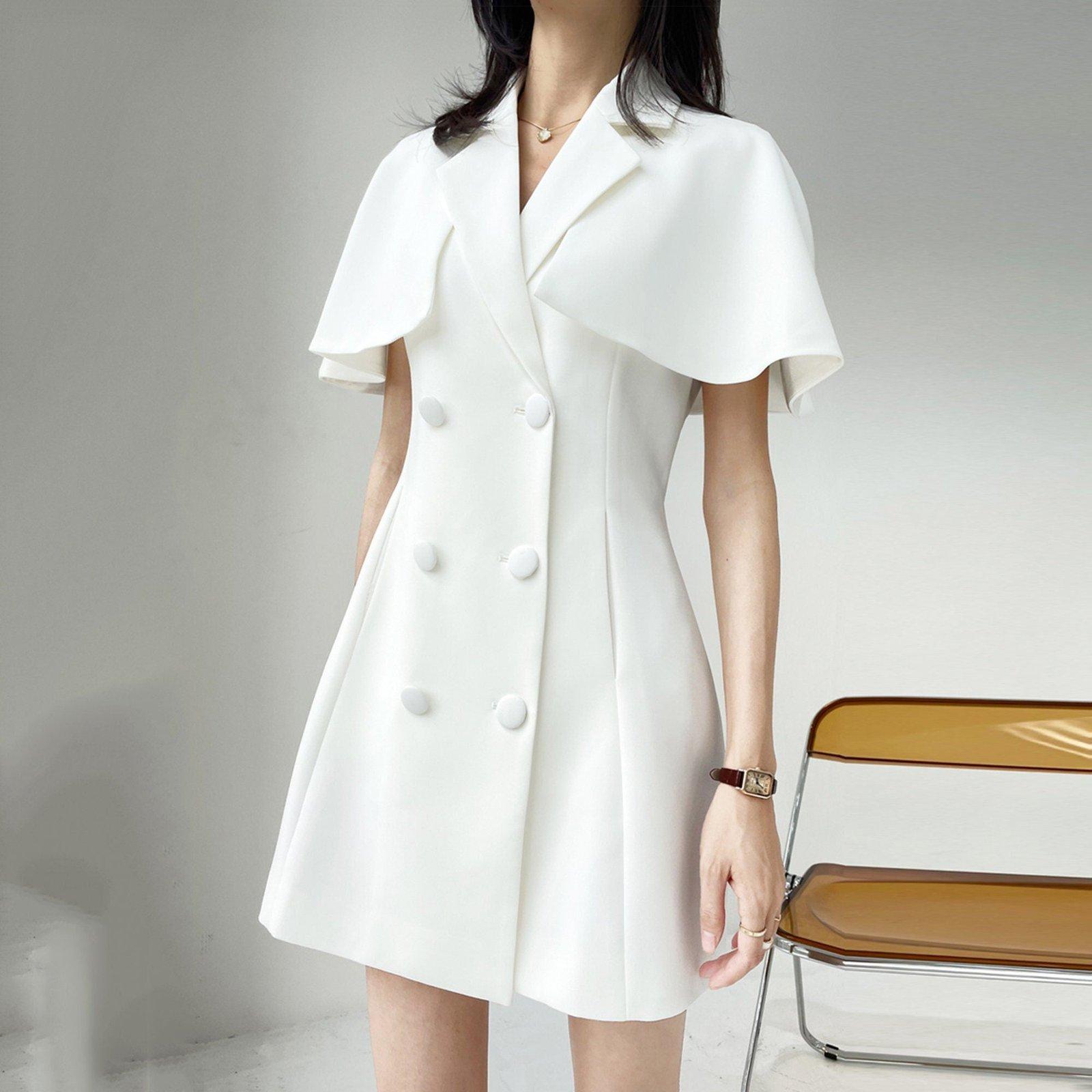 White Cap Sleeve Double Breasted Midi Dress L