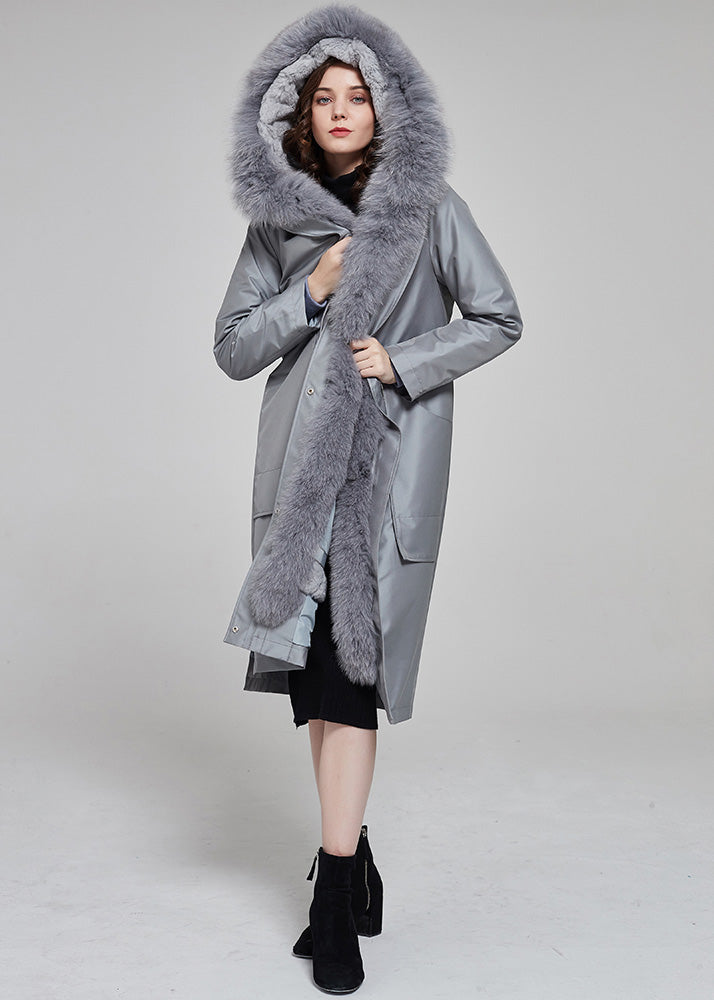 grey hooded fur parka