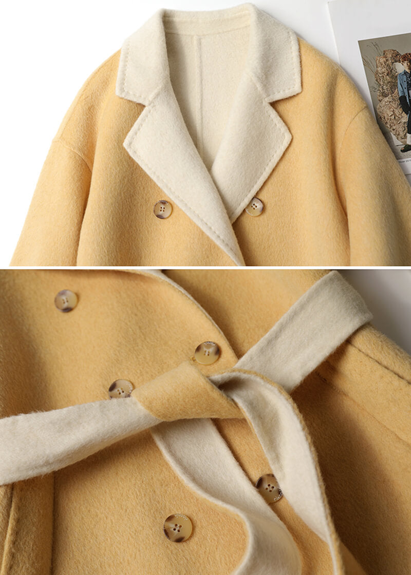 Women Yellow Double-sided wool coat winter light luxury Double Breasted Long Length Woolen coat Fall Wool Blend Coat Overcoat Outerwear