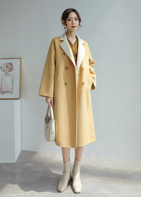 Women Yellow Double-sided wool coat winter light luxury Double Breasted Long Length Woolen coat Fall Wool Blend Coat Overcoat Outerwear - Vivian Seven