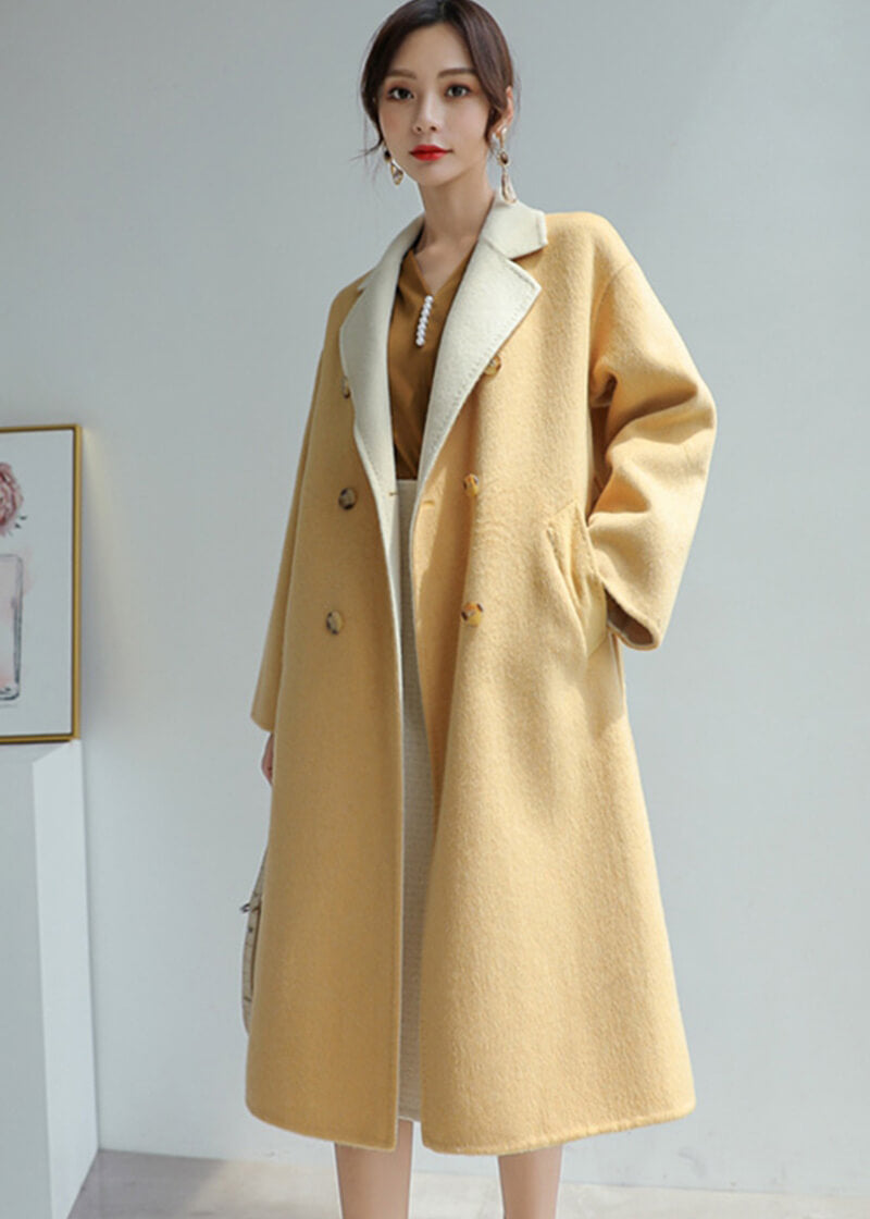 Women Yellow Double-sided wool coat winter light luxury Double Breasted Long Length Woolen coat Fall Wool Blend Coat Overcoat Outerwear - Vivian Seven