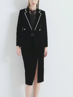 Women Black Suede Blazer Suit and Pencil Skirt Set