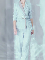 womens blue belted blazer and flare pants set