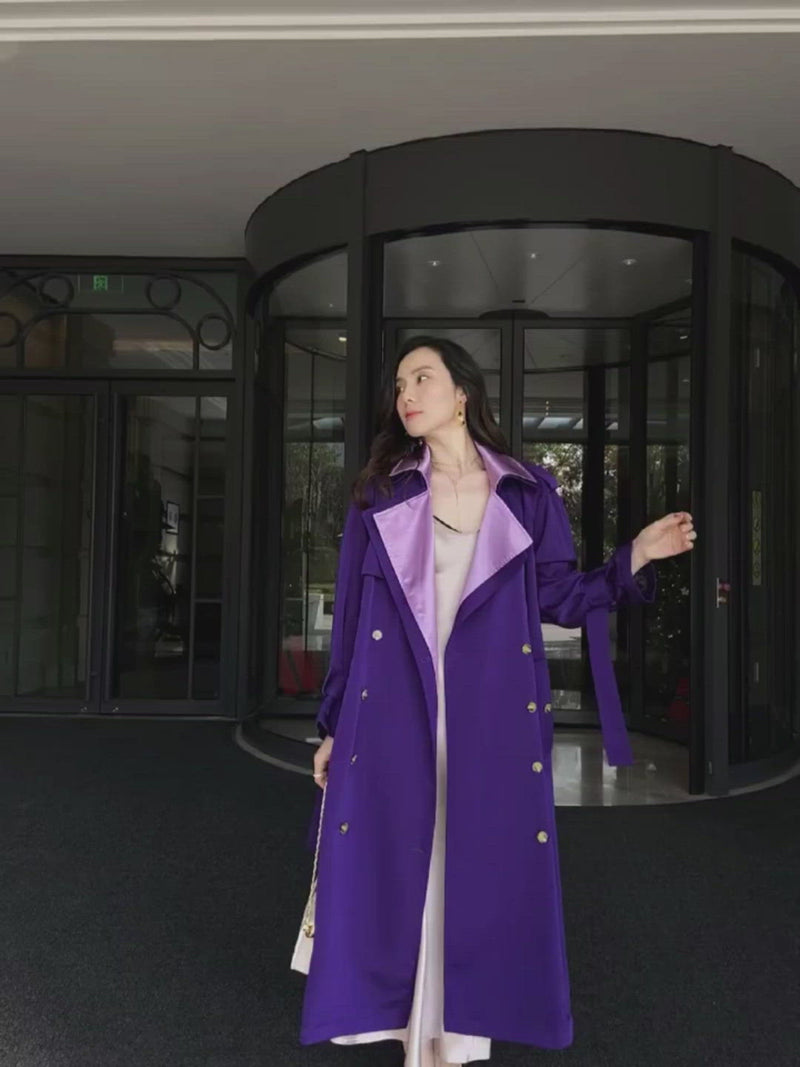 Femmes Violet Satin Double Breasted Long Trench-Coat