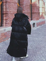 Women White Hooded Long Down Coat Warm Quilted Down Puffer Parka Oversize Black Winter Coat