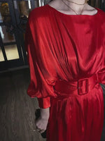 Women Red Satin Pleats Long Midi Formal Gown Dress