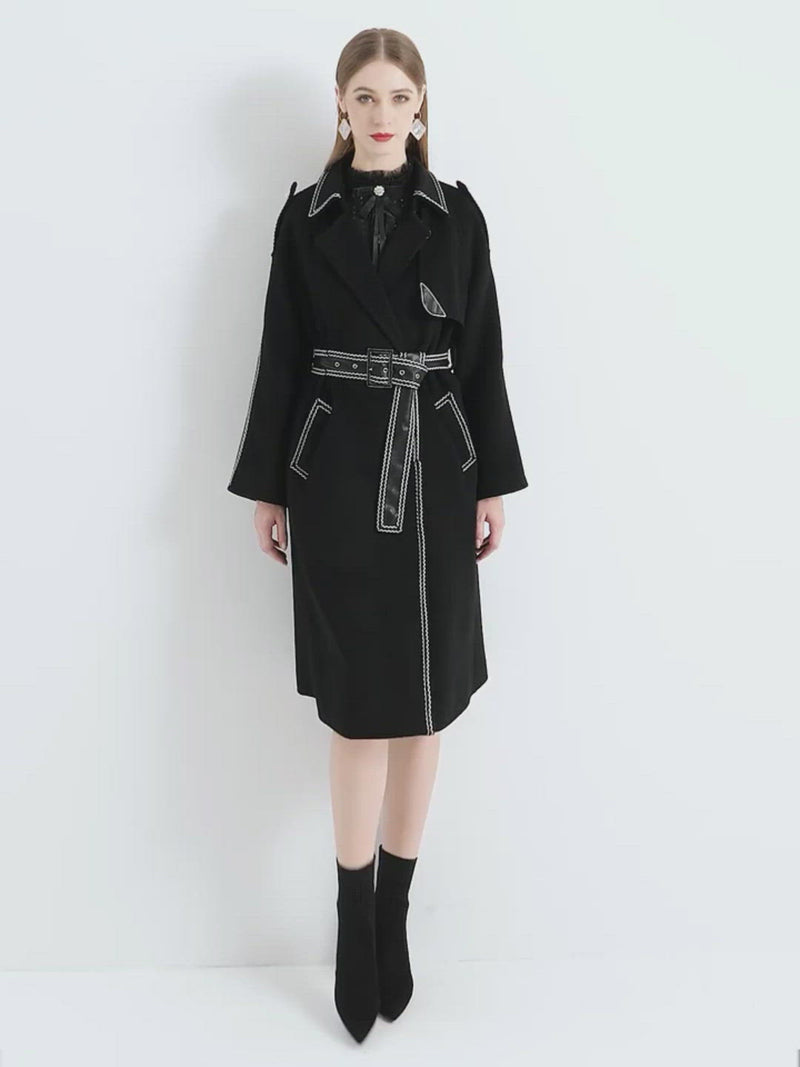 Abrigo largo de lana negro para mujer, abrigo de lana de cuero con cinturón