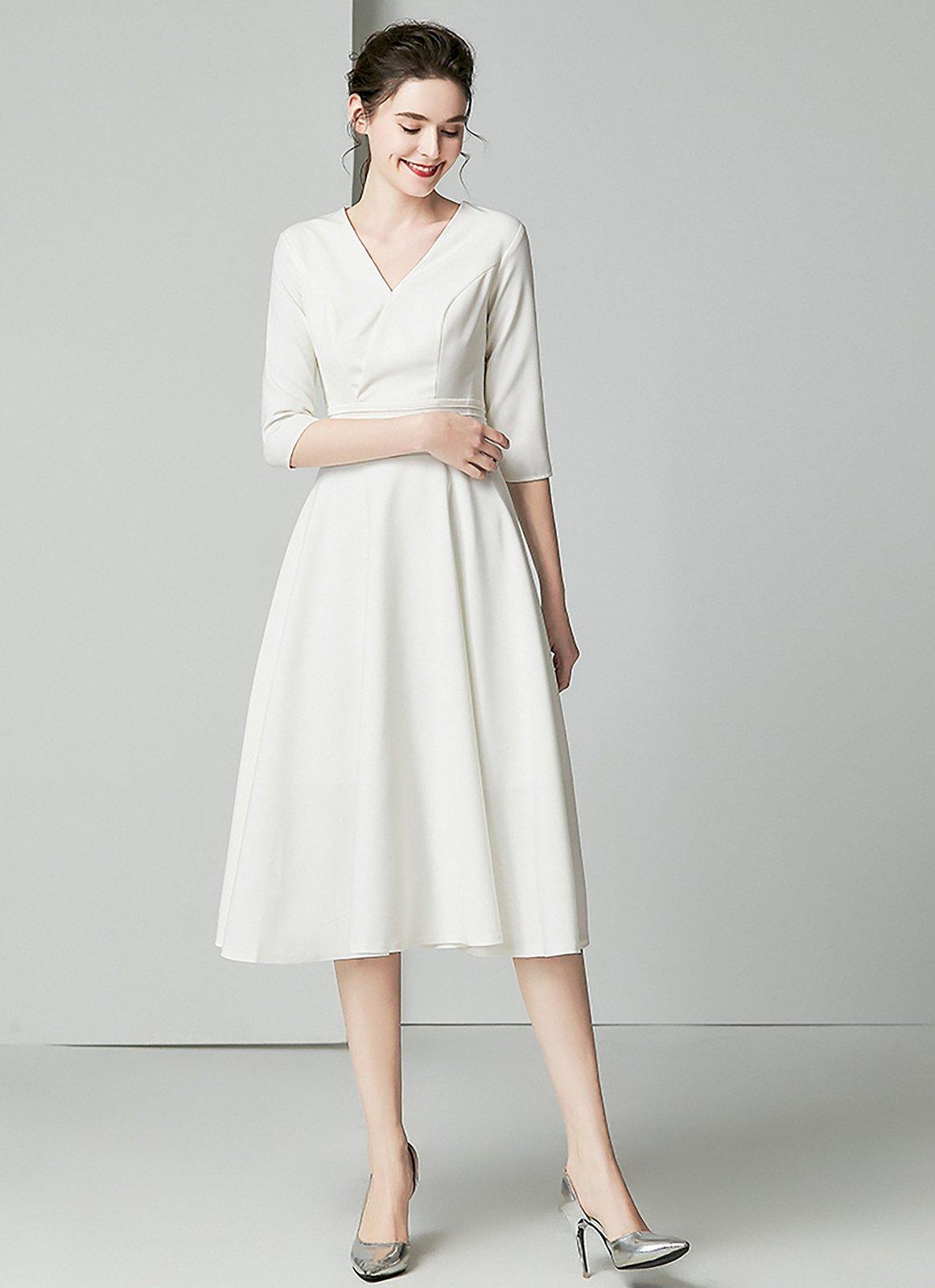 V Neck White Fit And Flare Dress Knee Length Half Sleeve V-Neck Fit Flare Midi V Neck White Fit And Flare Dress Knee Length Half Sleeve V-Neck Fit Flare Midi