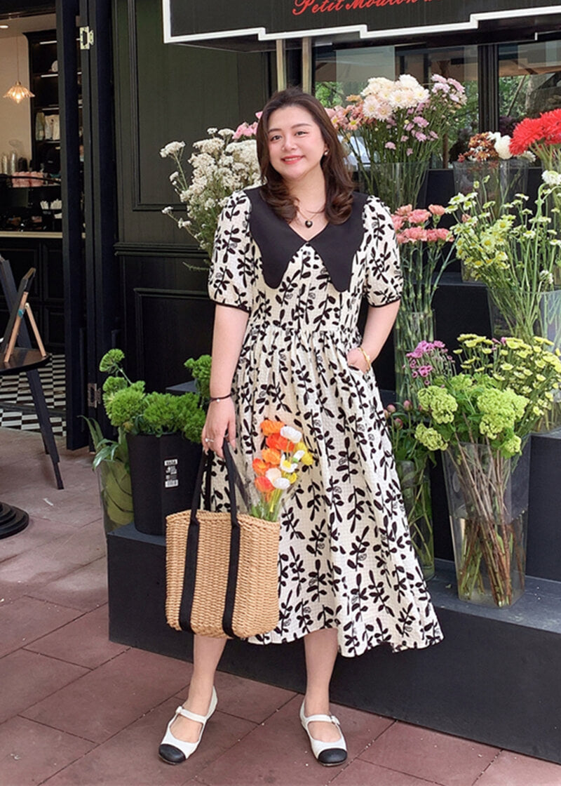 Plus Size Wide Lapel Floral Print Midi Flare Dress - Vivian Seven
